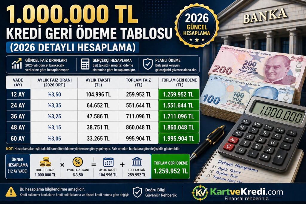 1 Milyon TL Kredi Geri Ödeme Tablosu (2026 Detaylı Hesaplama)